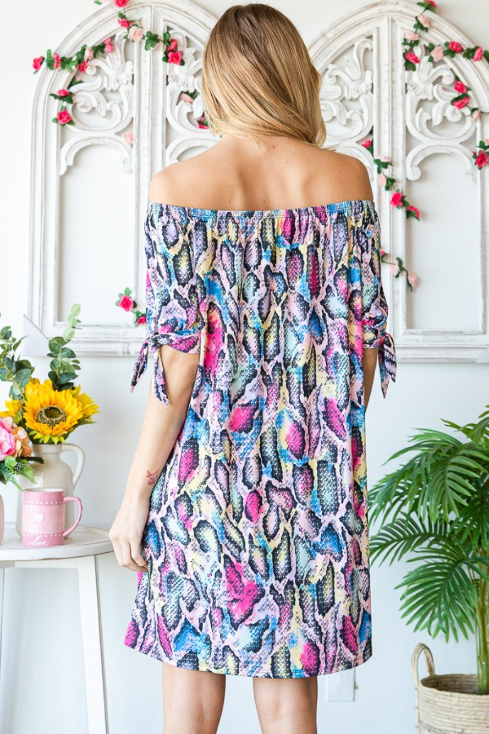 Bold Off Shoulder Snake Mini Dress