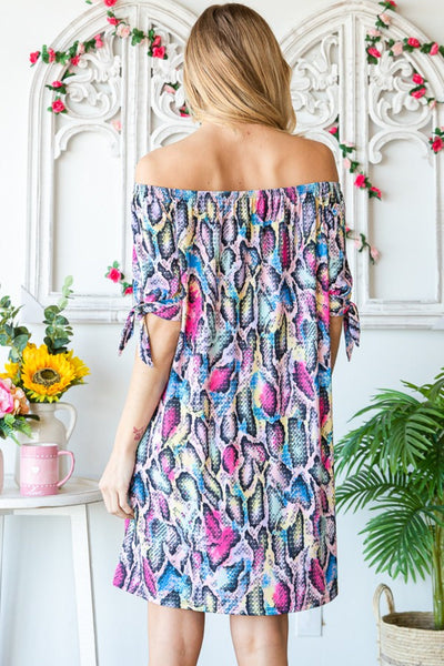 Bold Off Shoulder Snake Mini Dress