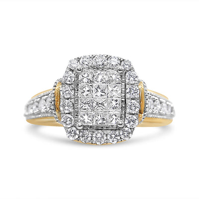14K Gold Princess and Round Cut Halo Diamond Cluster Ring - Size 7
