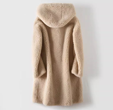 Women's Mid-Length Hooded Coat in Composite Leather and Fur