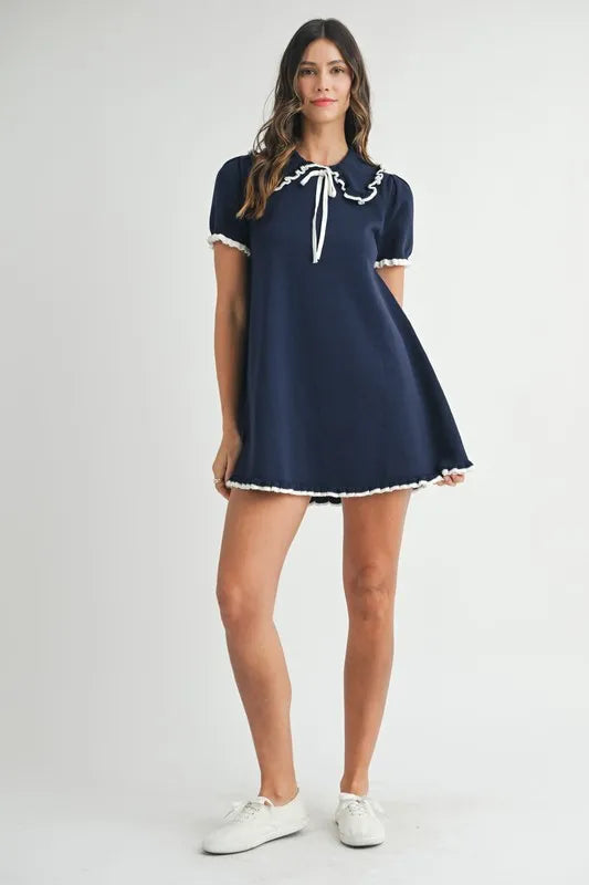 Ruffle Trimmed Collar Fine Knit Mini Dress for Women