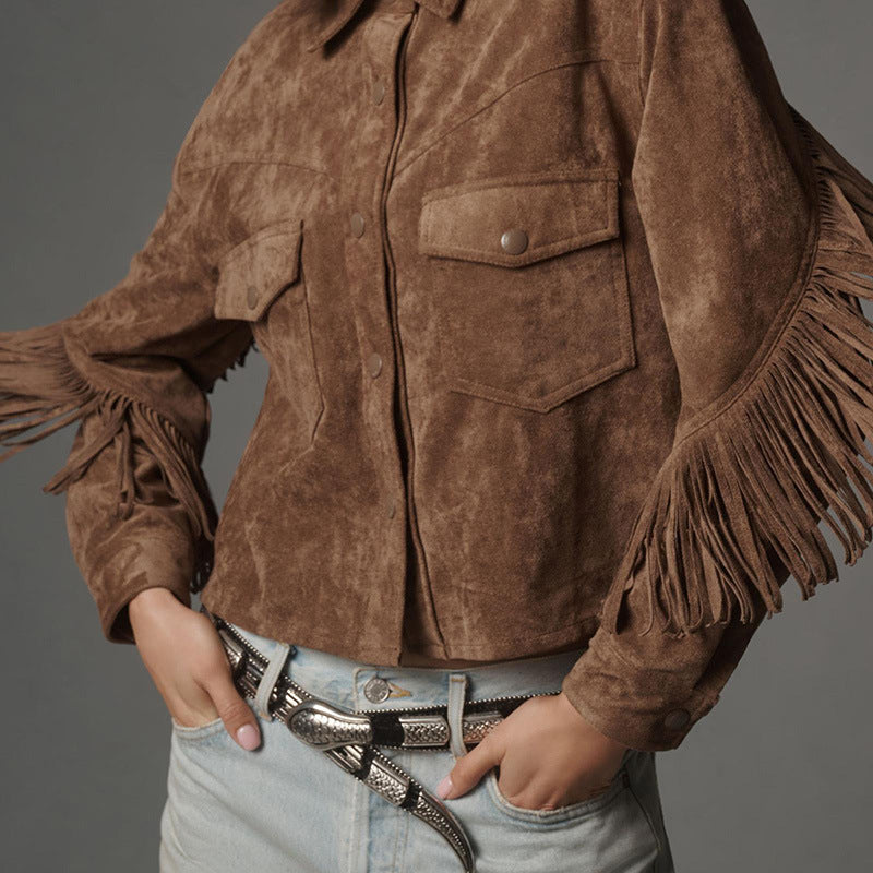 Manteau Trench Élégant Marron avec Détails en Frange au Col