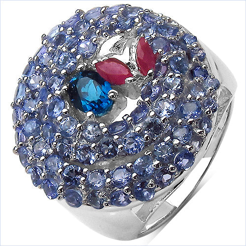 3.31 Carat London Blue Topaz, Ruby & Tanzanite Sterling Silver Ring