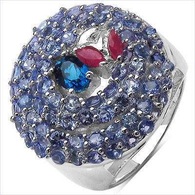 Bague en argent sterling avec topaze bleue de Londres de 3,31 carats, rubis et tanzanite
