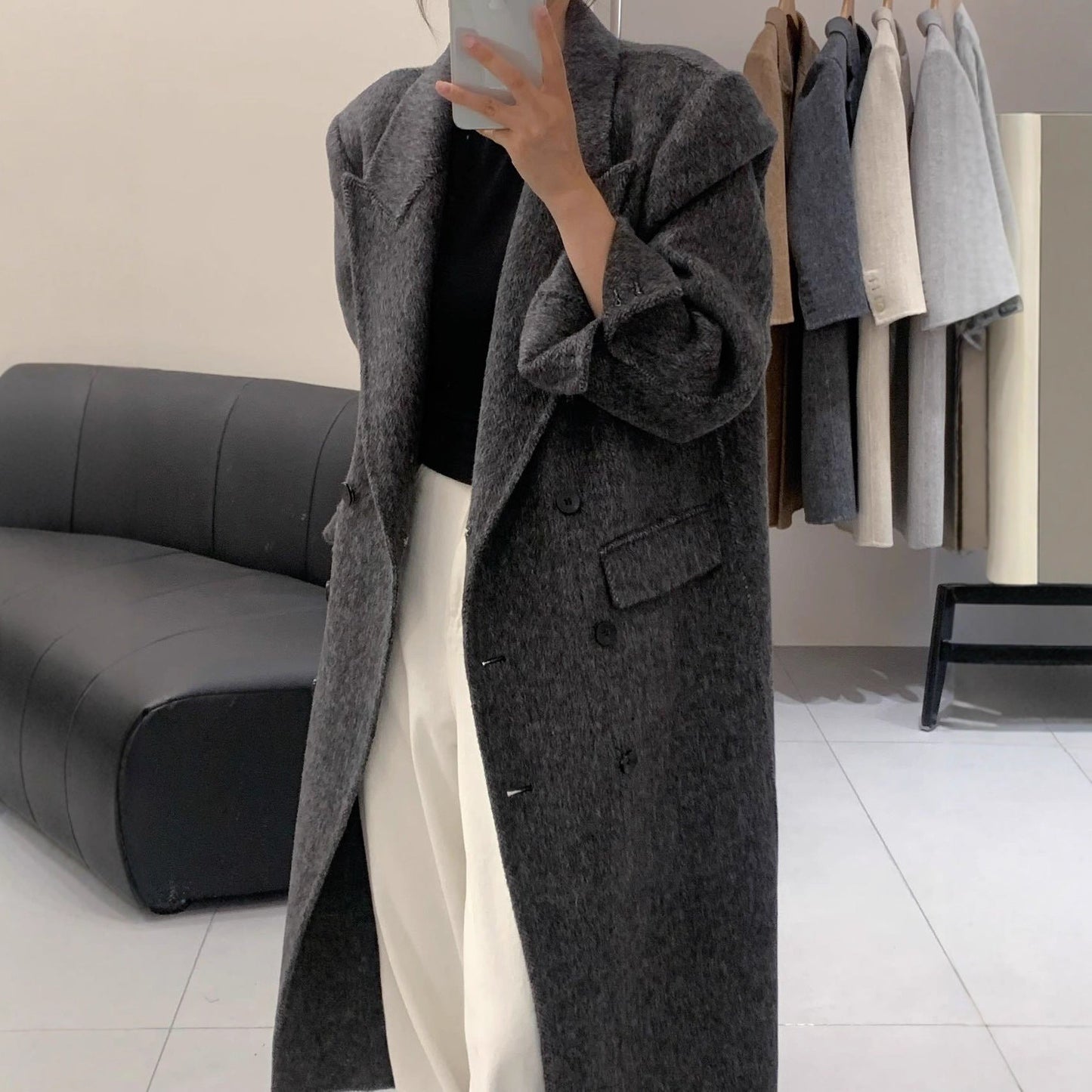 Elegante abrigo de lana de doble cara largo por encima de la rodilla para mujeres