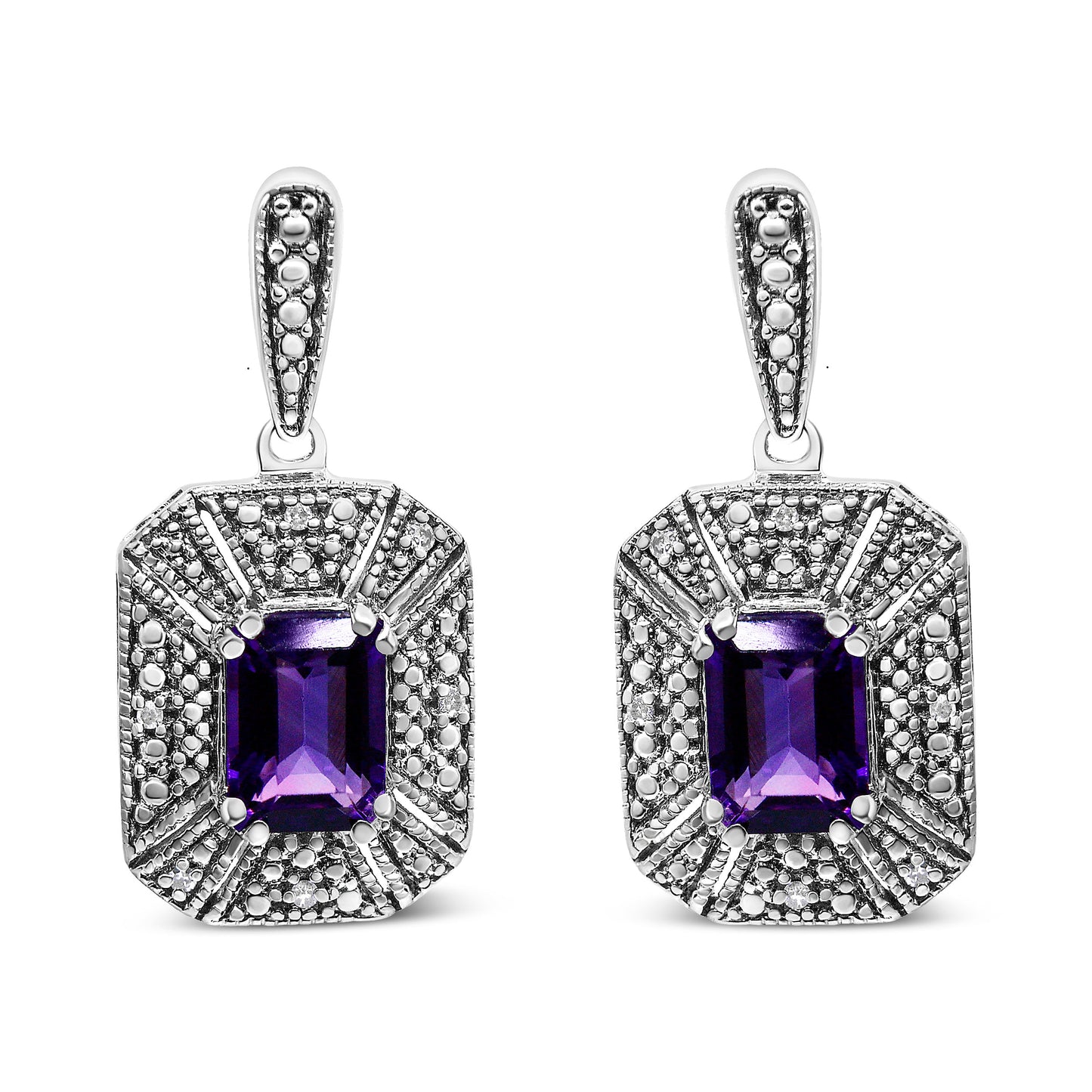 Pendientes de Stud de Plata Esterlina .925 con Acento de Amatista y Diamante