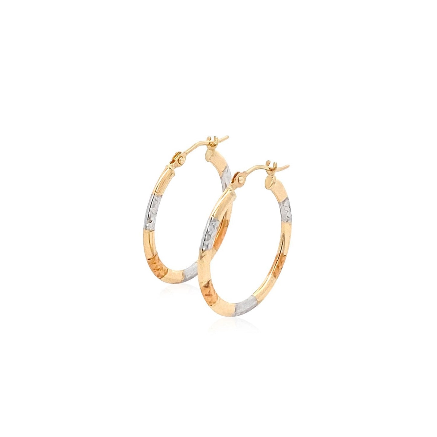 Boucles d'oreilles créoles classiques en or tri-couleur 10k avec détails en taille diamant