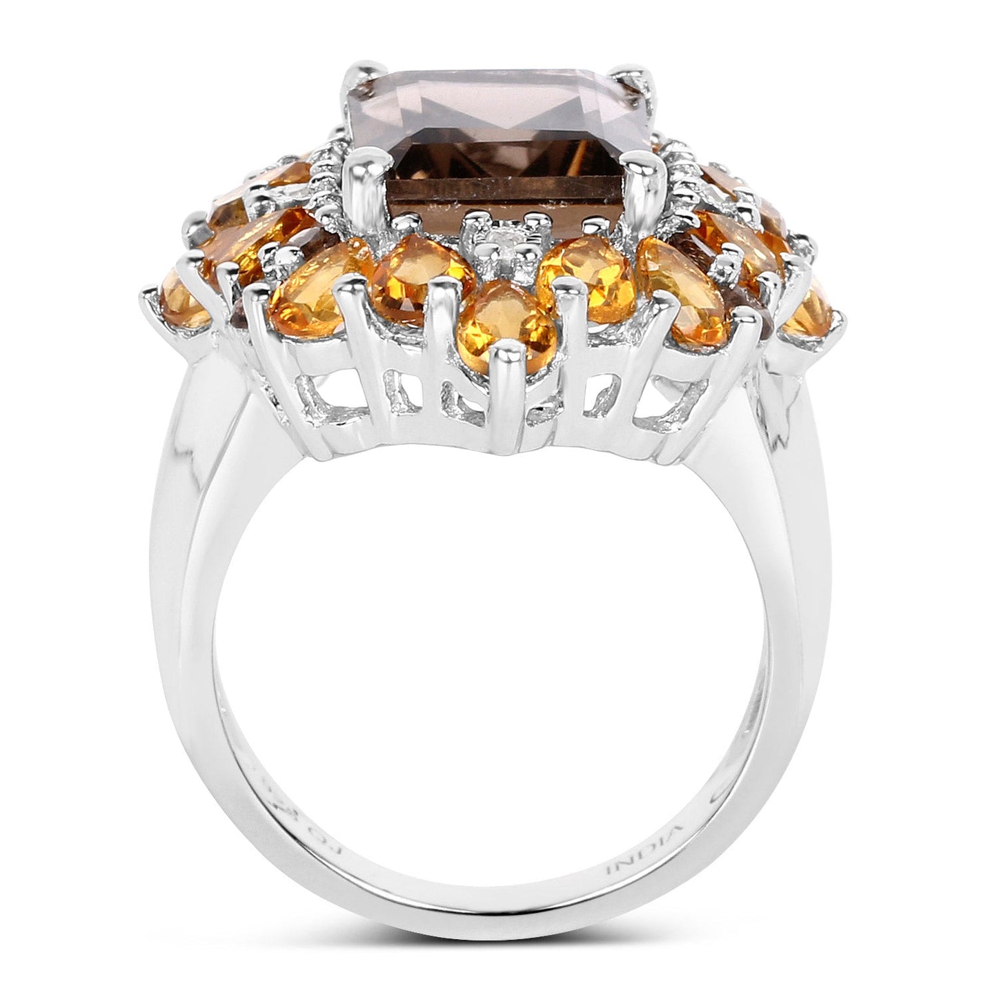 Bague en argent sterling avec quartz fumé de 6,72 carats, citrine et diamant