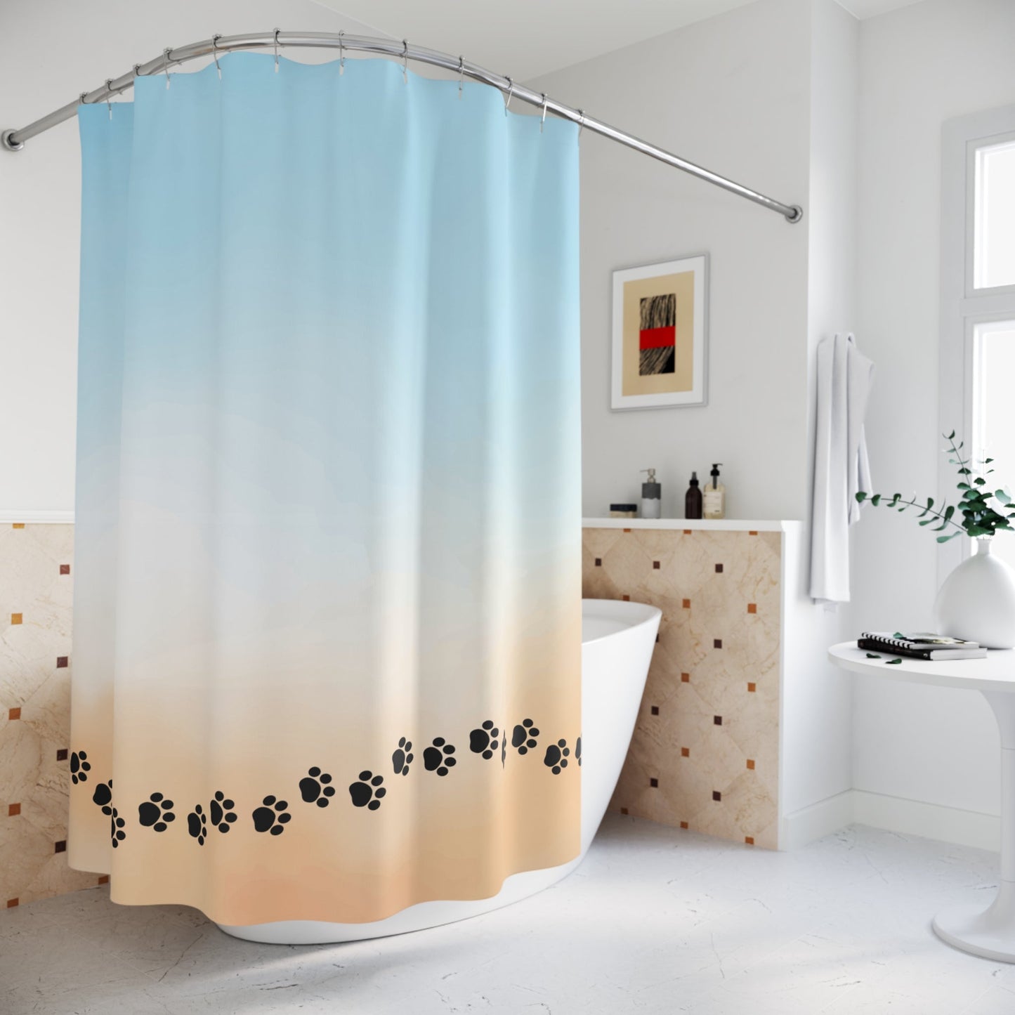 Rideau de Douche Ambiance Plage avec Empreintes de Pattes