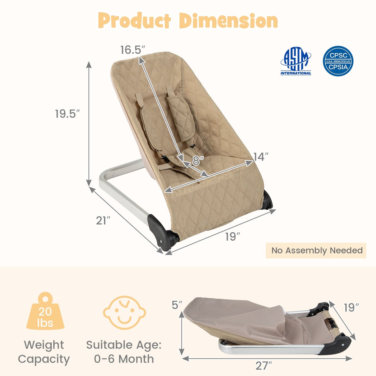 Asiento de rebote para bebés premium con marco de aluminio - Beige