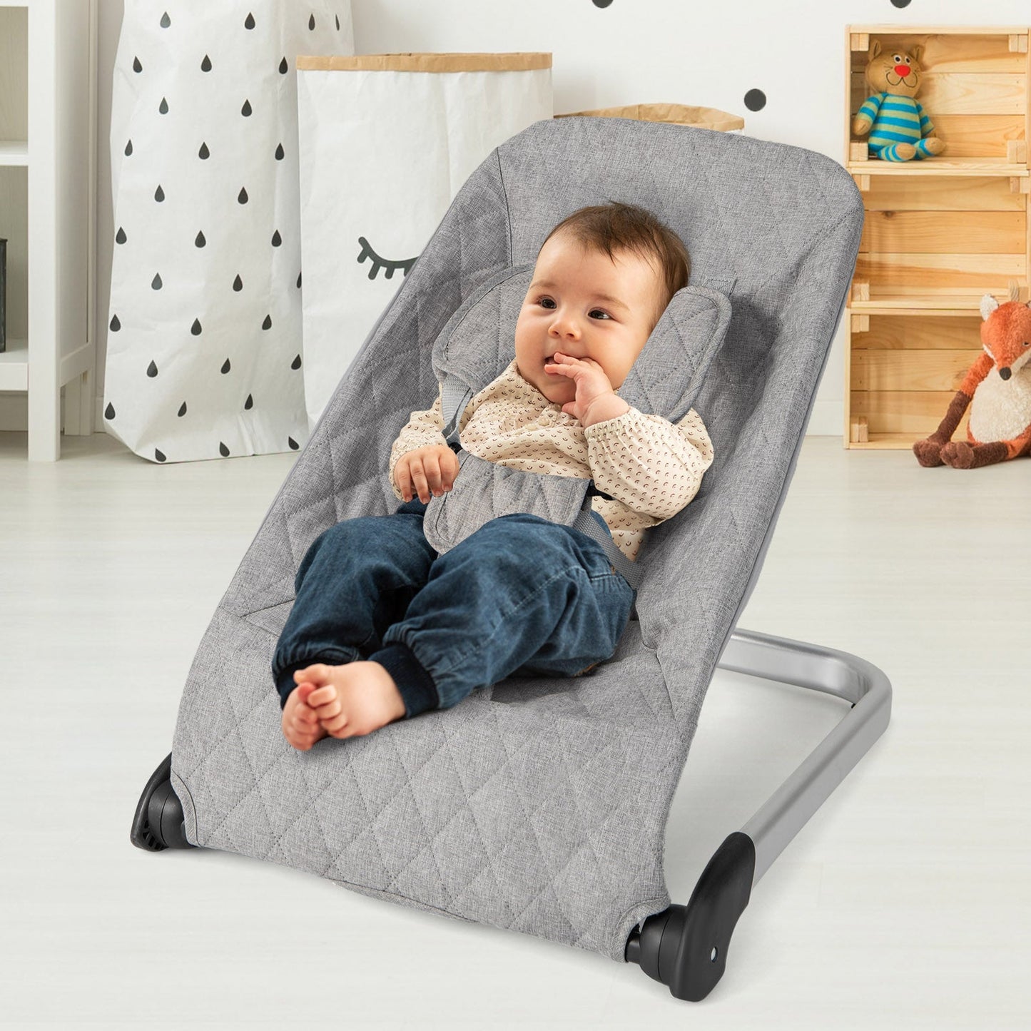 Asiento de rebote para bebés premium con marco de aluminio - Gris claro