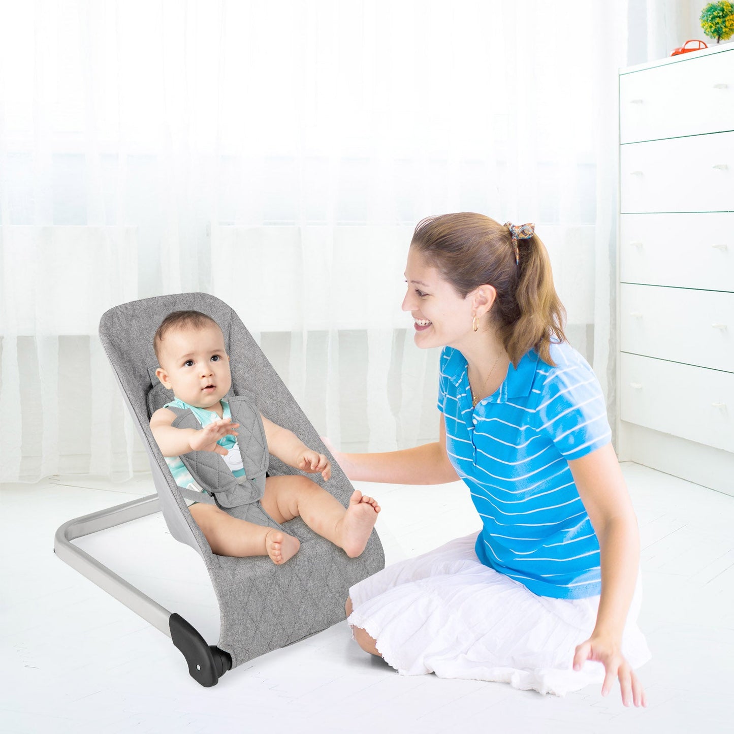Asiento de rebote para bebés premium con marco de aluminio - Gris claro