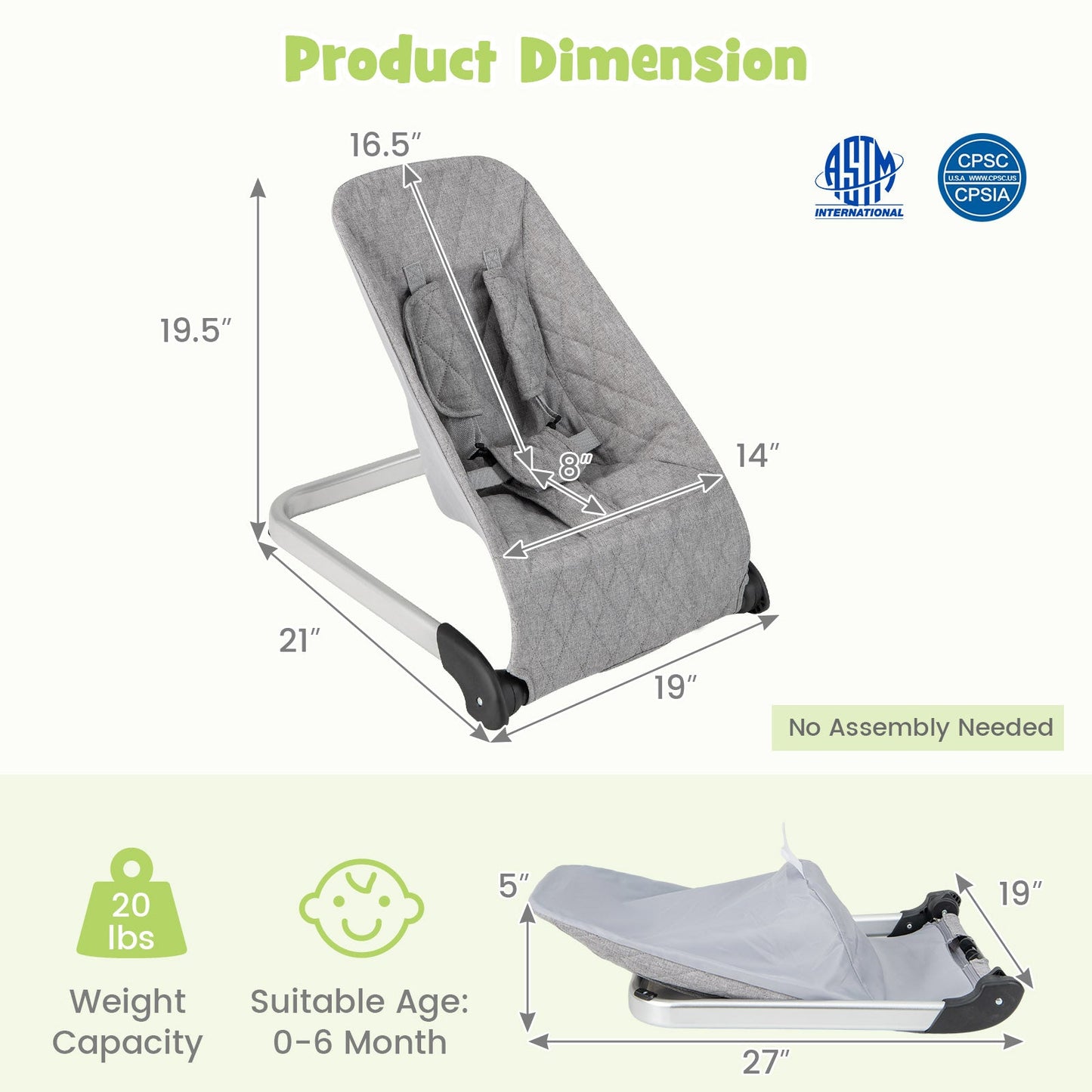 Asiento de rebote para bebés premium con marco de aluminio - Gris claro