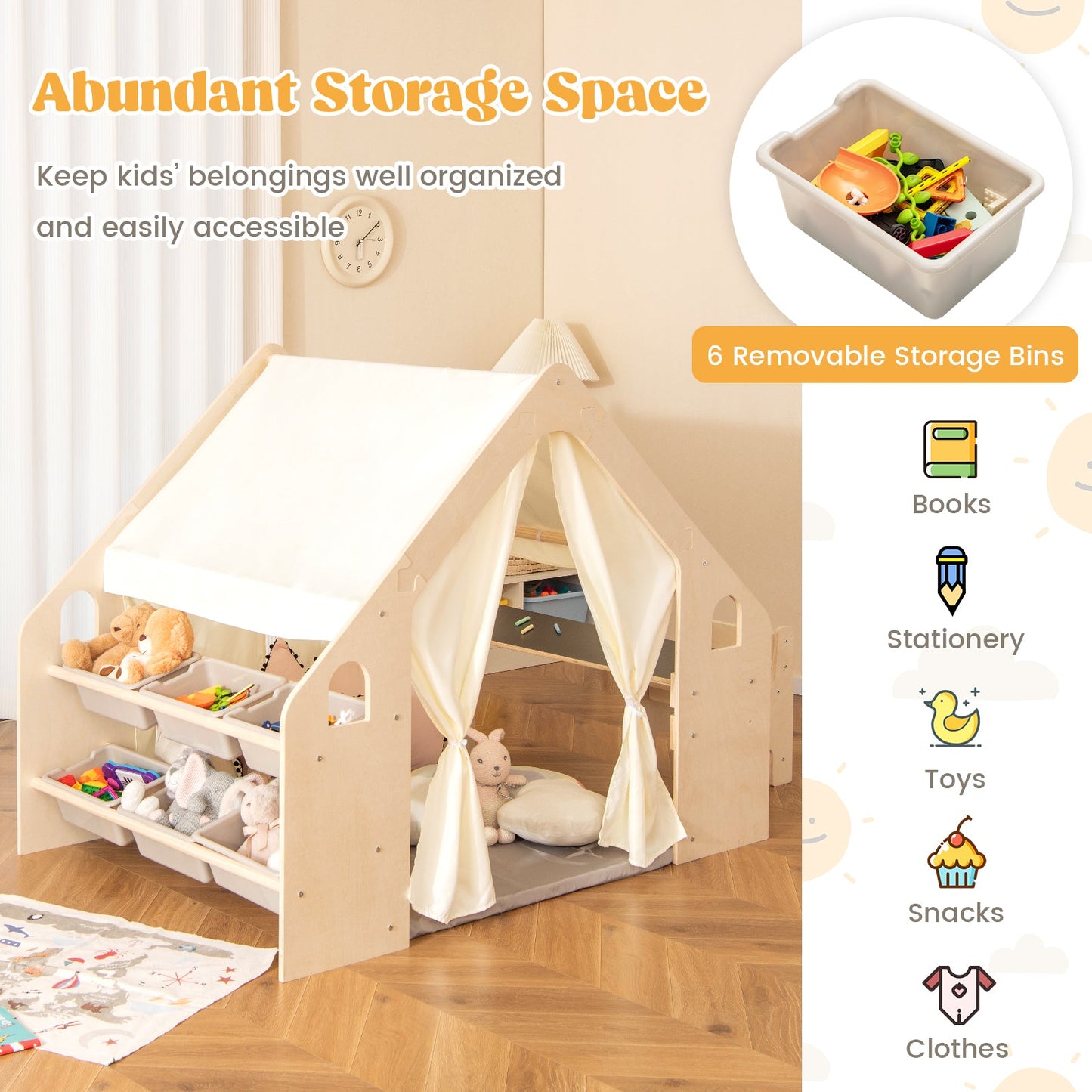Tente de jeu pour enfants 6-en-1 avec tableau noir et rangement - Beige