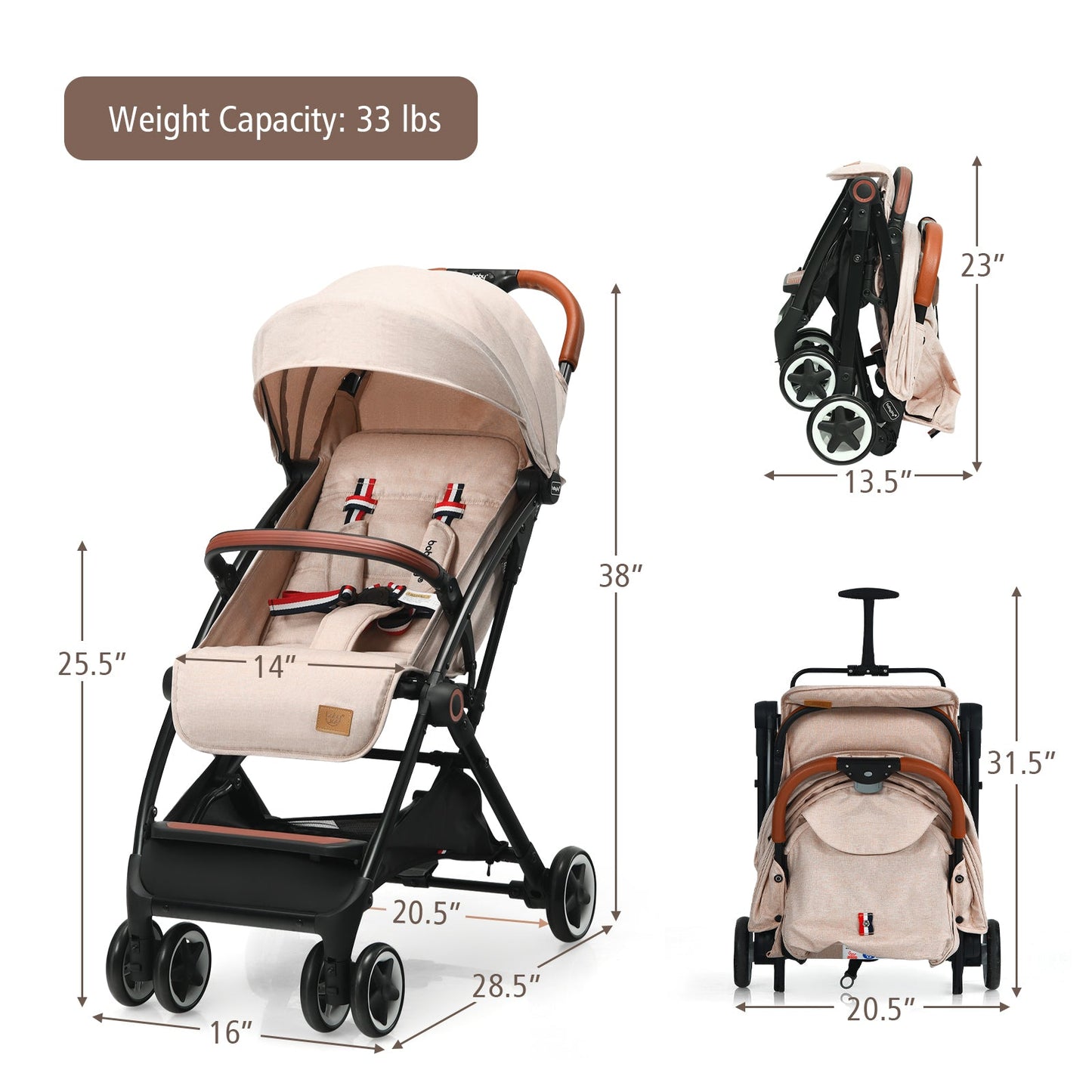 Gbruno Lightweight Aluminium Frame Baby Stroller - Net-Beige