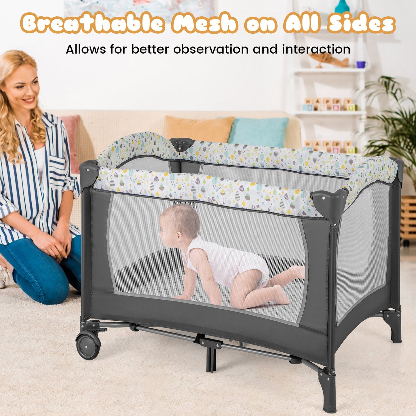 Parc de jeu multifonctionnel pour bébé avec matelas et table à langer - Beige