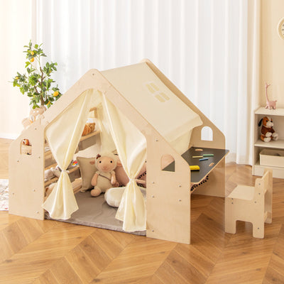 6-in-1 Kids Play Tent Playhouse with Blackboard & Storage - Beige
