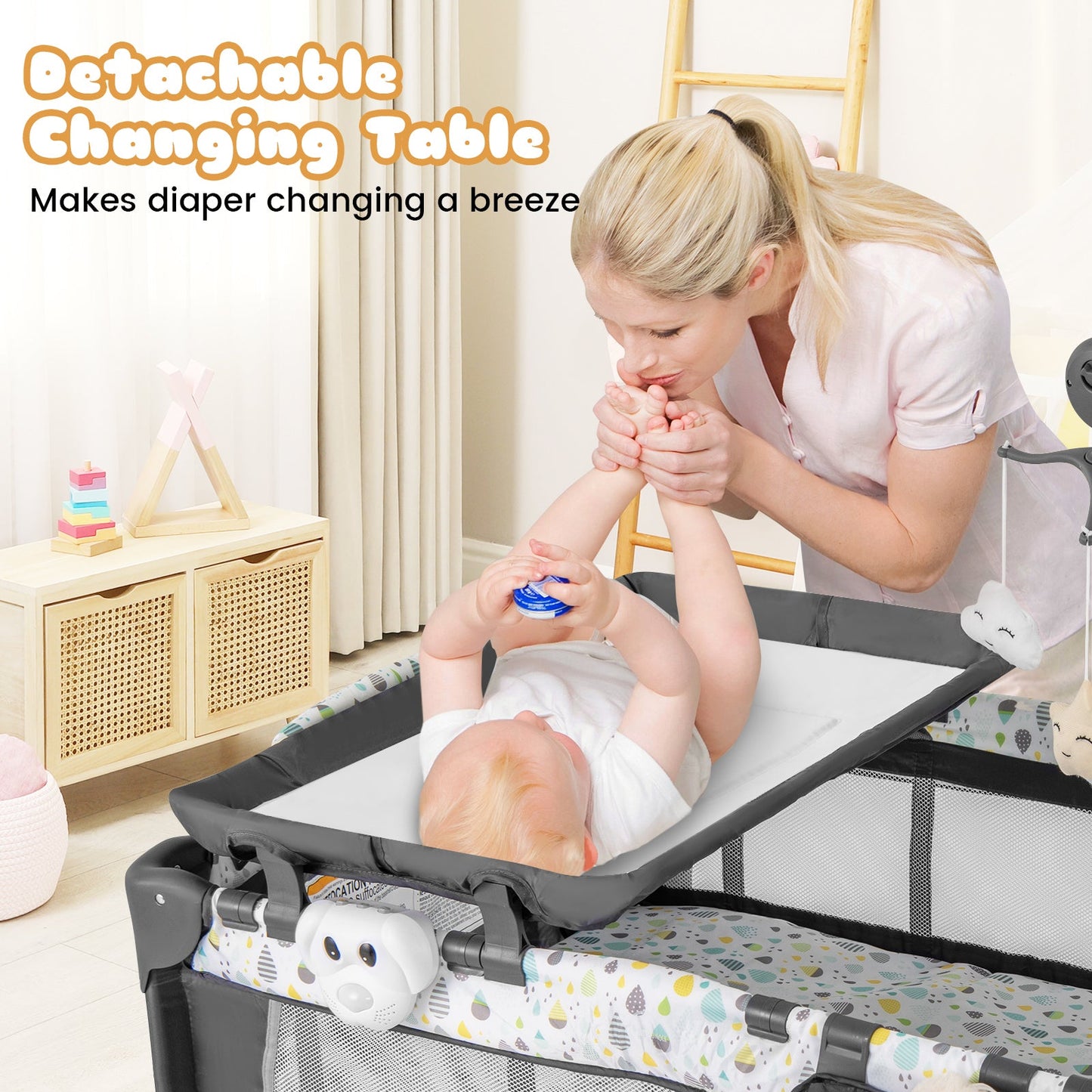 Parc de jeu multifonctionnel pour bébé avec matelas et table à langer - Beige