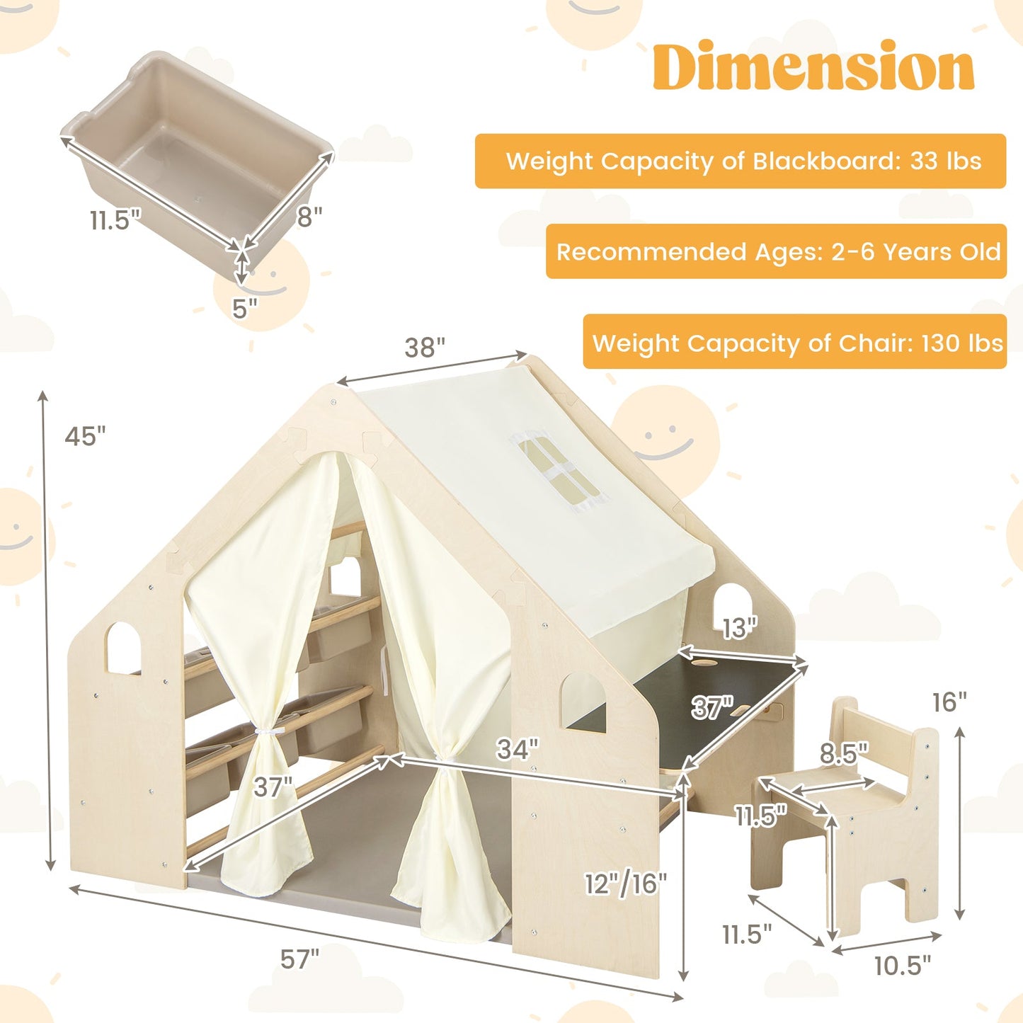 Tente de jeu pour enfants 6-en-1 avec tableau noir et rangement - Beige