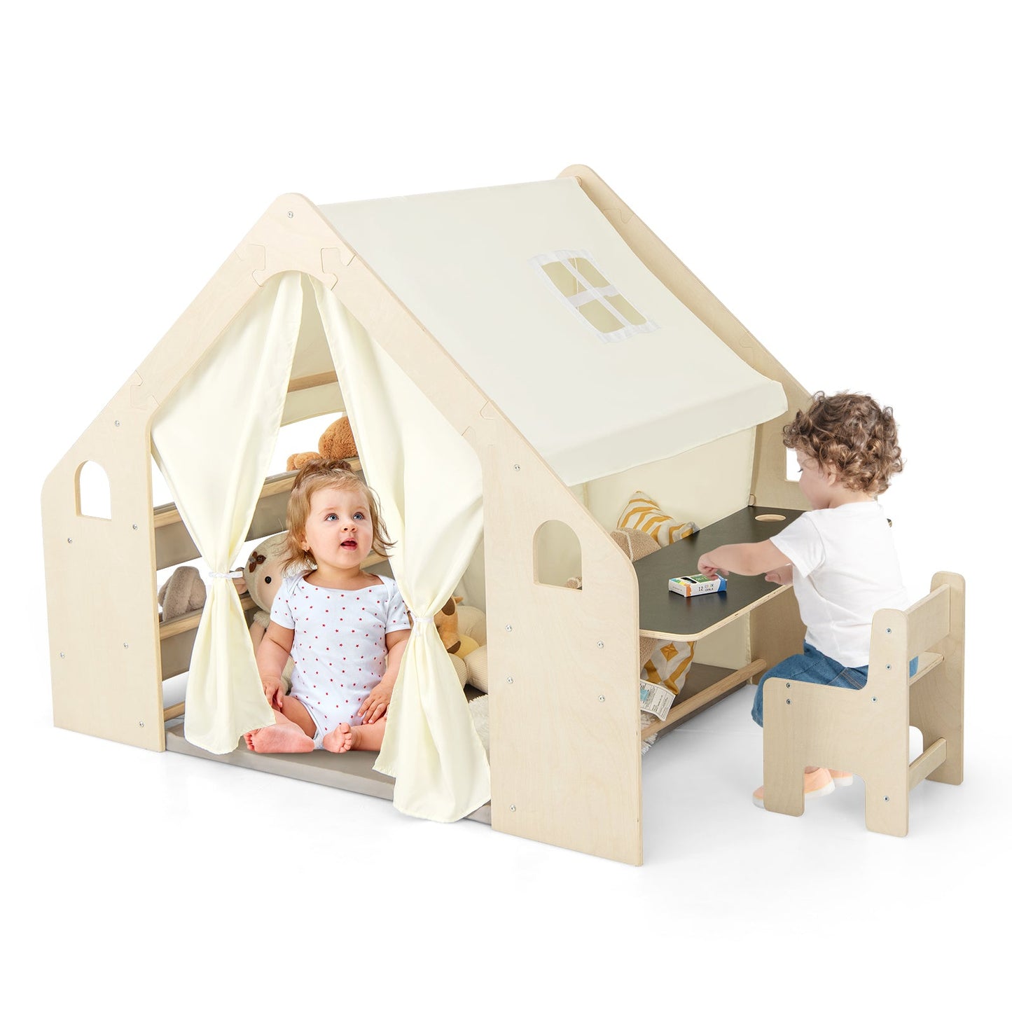 Tente de jeu pour enfants 6-en-1 avec tableau noir et rangement - Beige