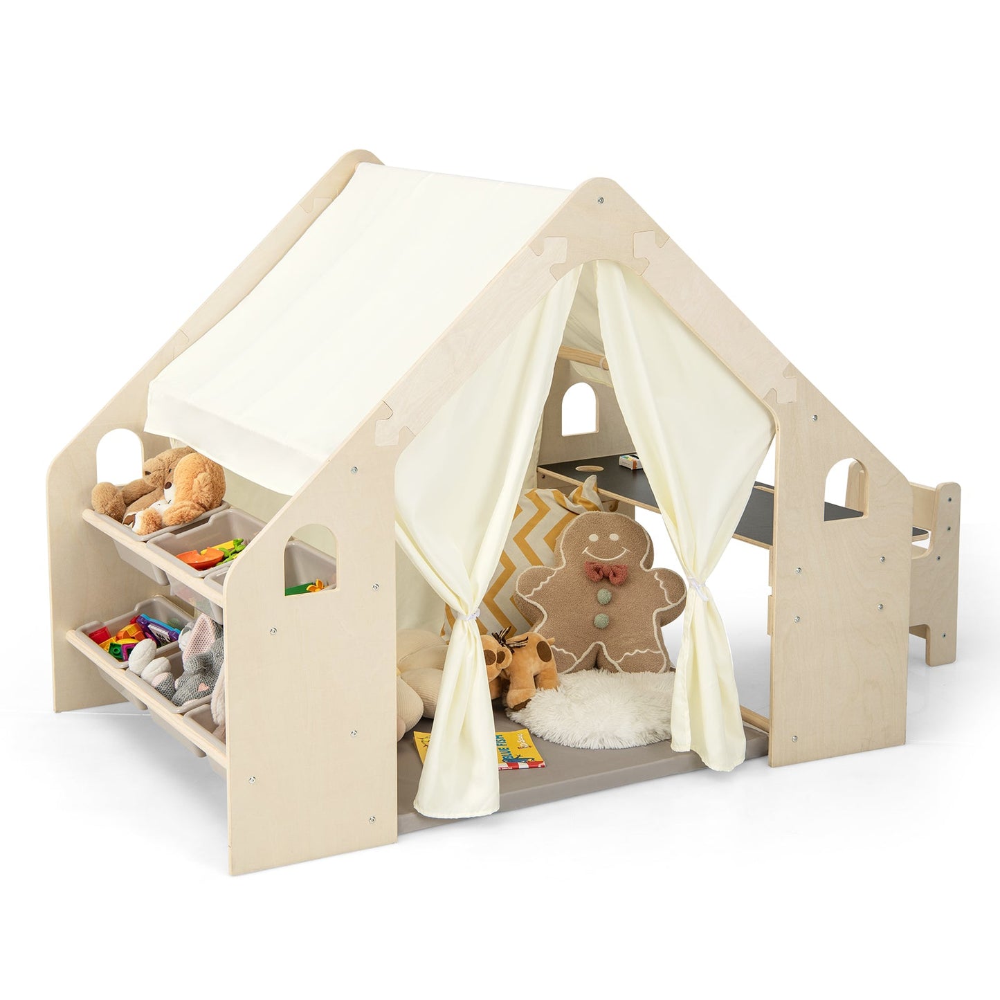Tente de jeu pour enfants 6-en-1 avec tableau noir et rangement - Beige