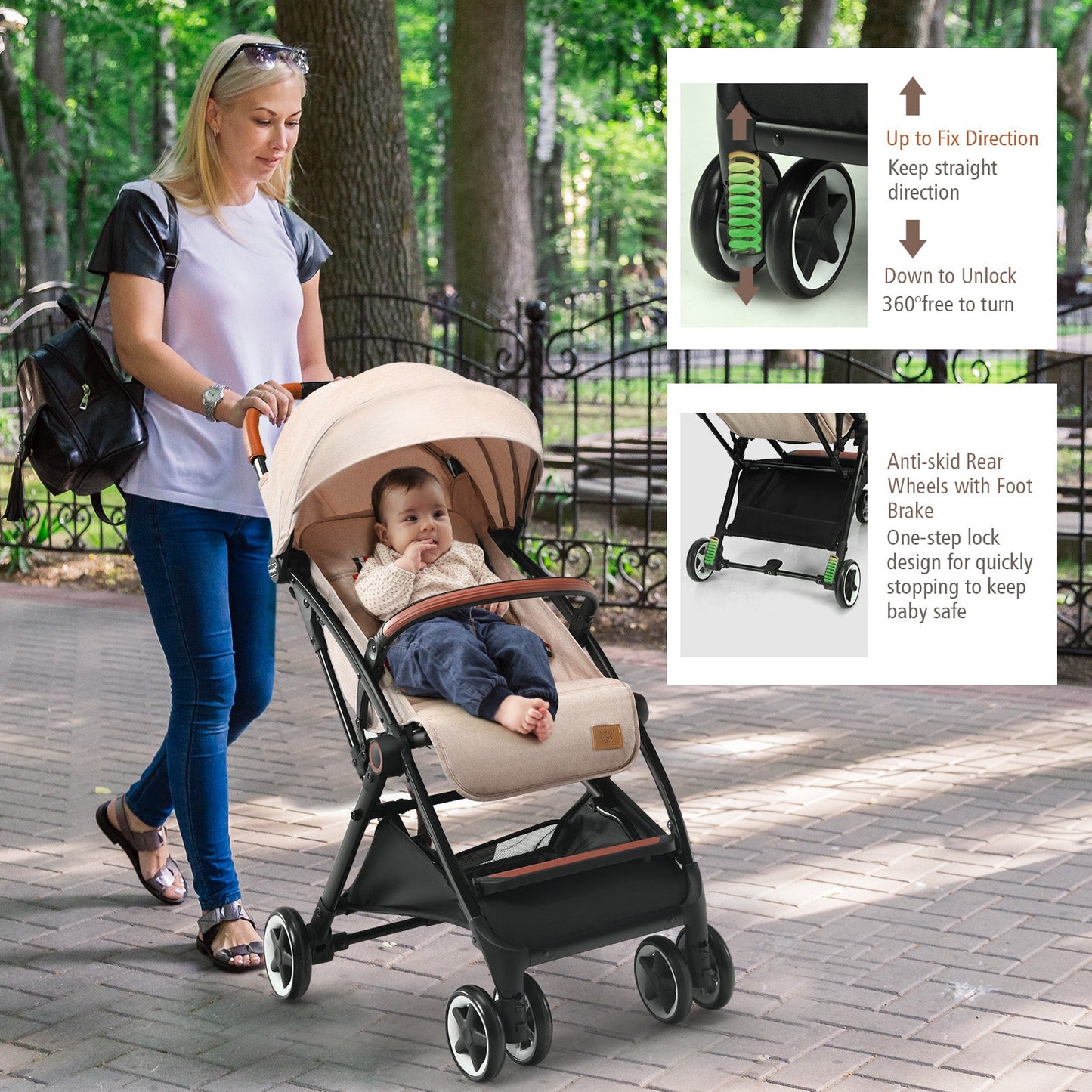 Gbruno Lightweight Aluminium Frame Baby Stroller - Net-Beige