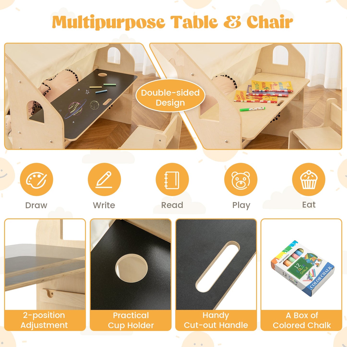 Tente de jeu pour enfants 6-en-1 avec tableau noir et rangement - Beige