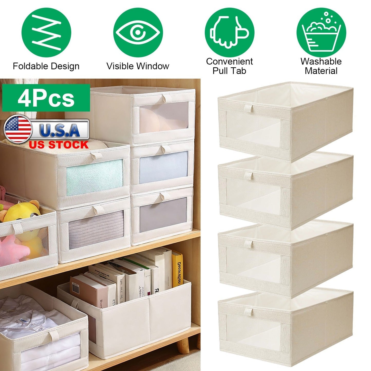 4-Piece Foldable Linen Storage Bins with Clear Window