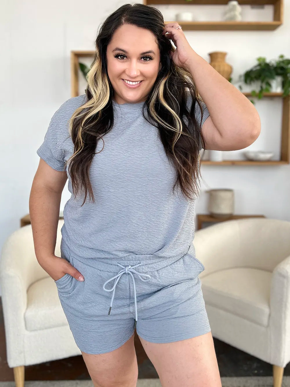 Double Take Full Size Texture T-Shirt and Shorts Set