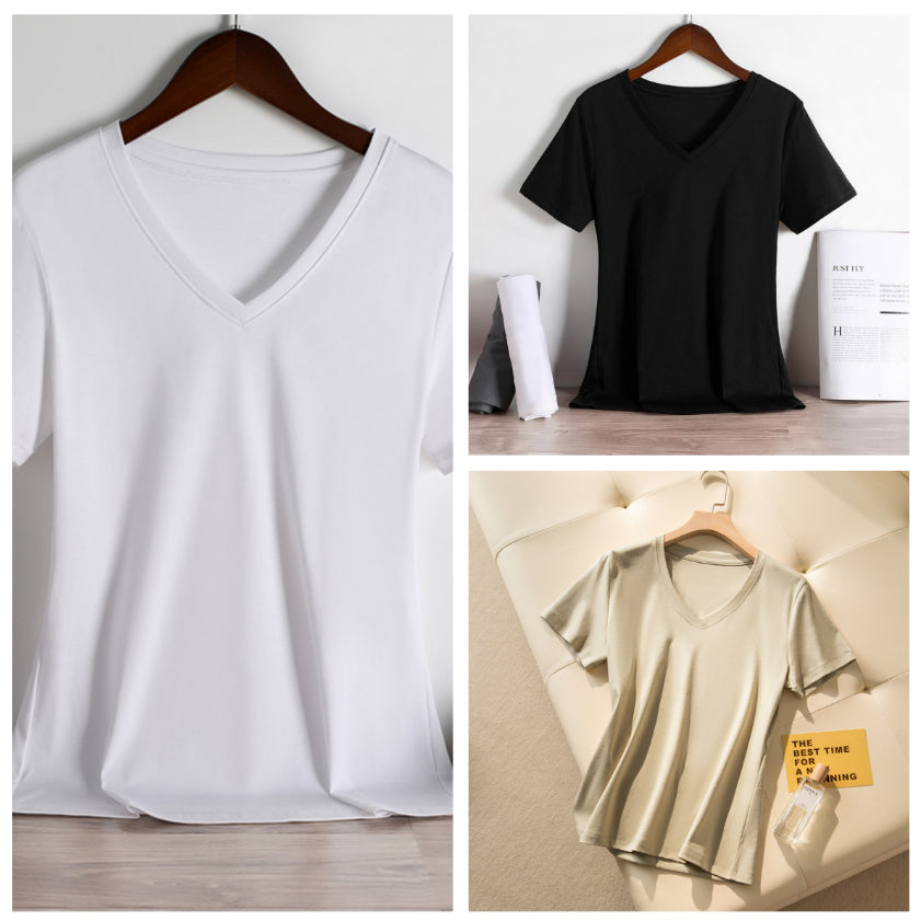 Camiseta de Algodón Puro para Mujer de Corte Suelto con Cuello Redondo y Cuello en V