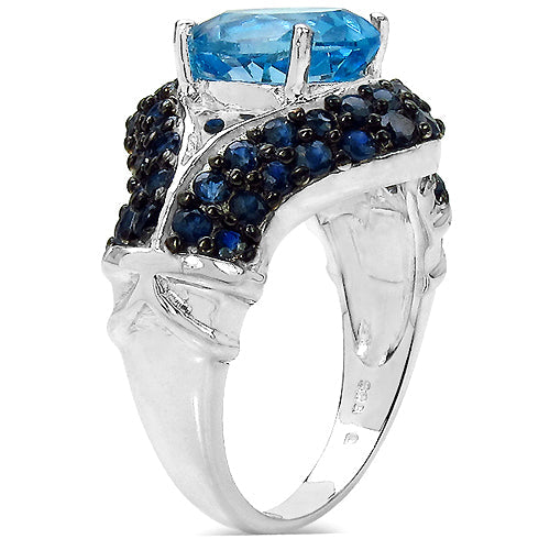 Bague en argent sterling avec topaze bleue et saphirs de 5,02 carats