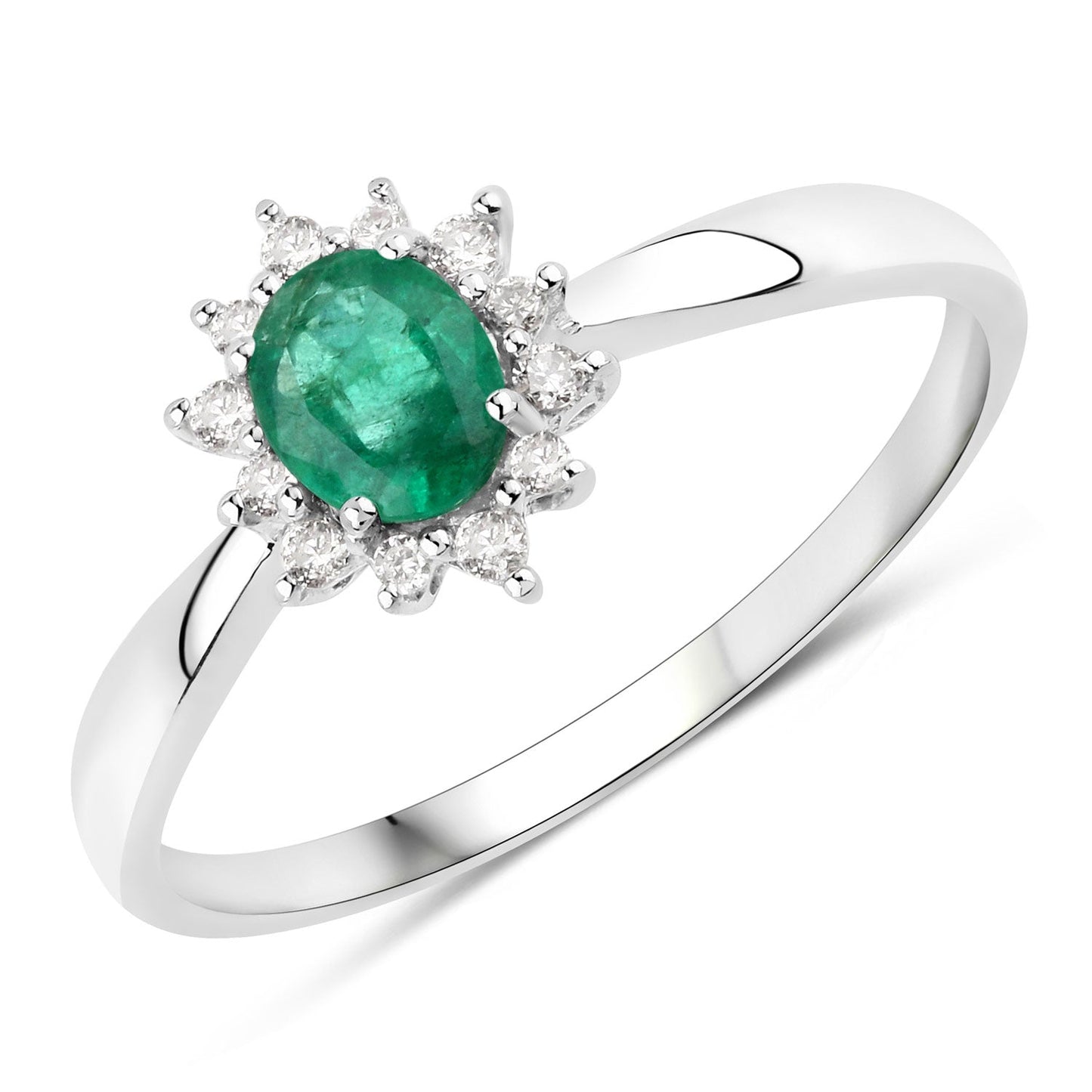 Bague de fiançailles en or blanc 14K avec émeraude zambienne de 0,40 carat et diamants