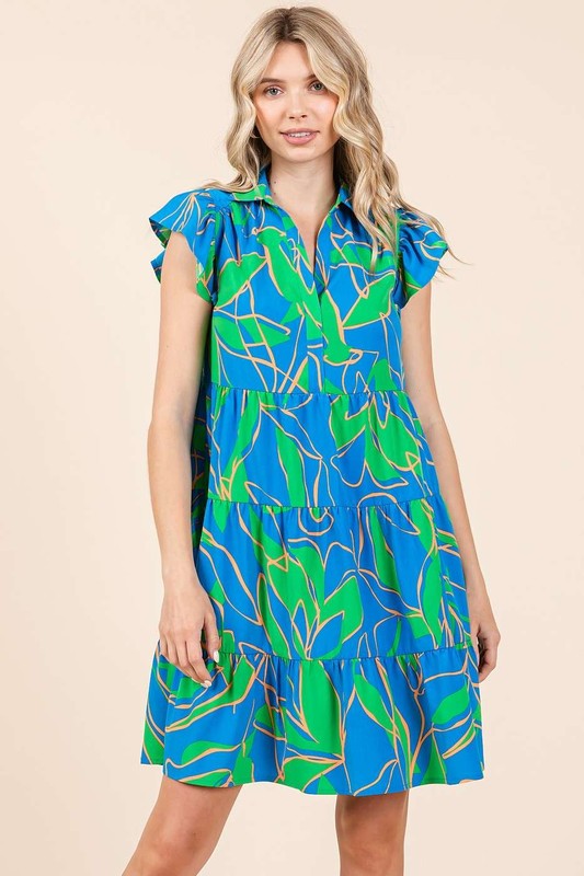 Robe Mini à Manches Volantes Imprimée Feuilles d'Été
