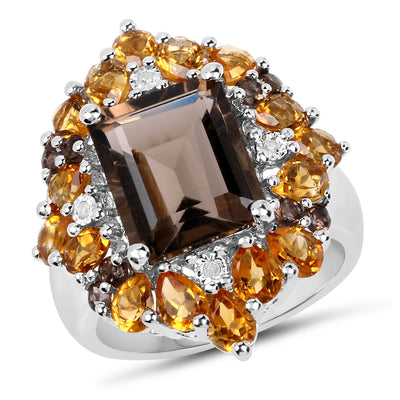 6.72 Carat Smoky Quartz, Citrine & Diamond Sterling Silver Ring
