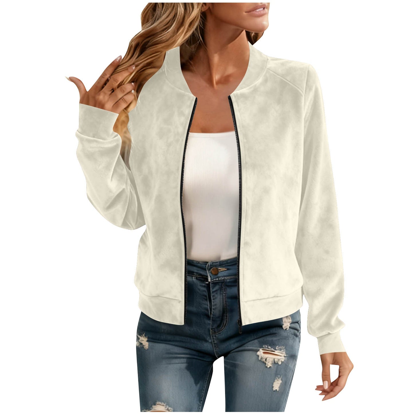 Elegant Round-neck Zip-up Deerskin-fleece Bomber Jacket