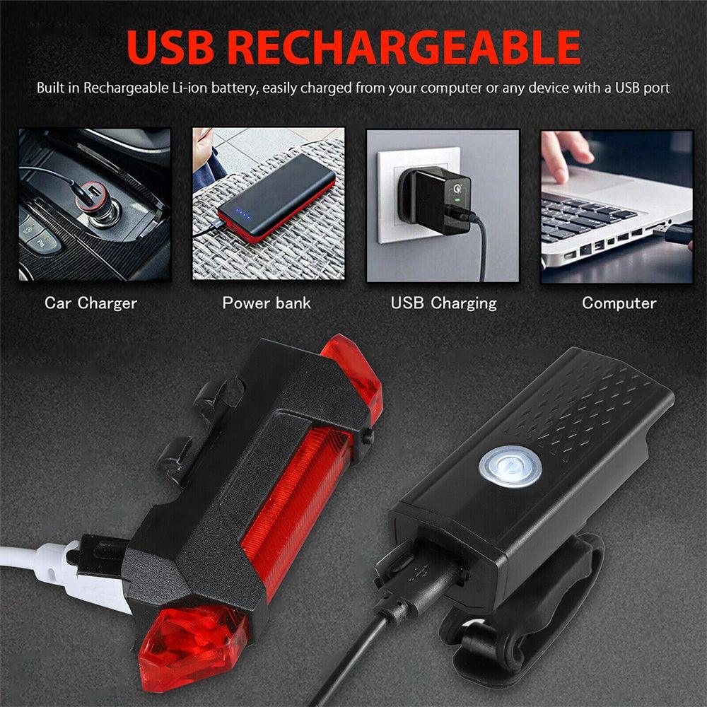 USB Rechargeable Bike Light Set - Front & Back LED Lamps