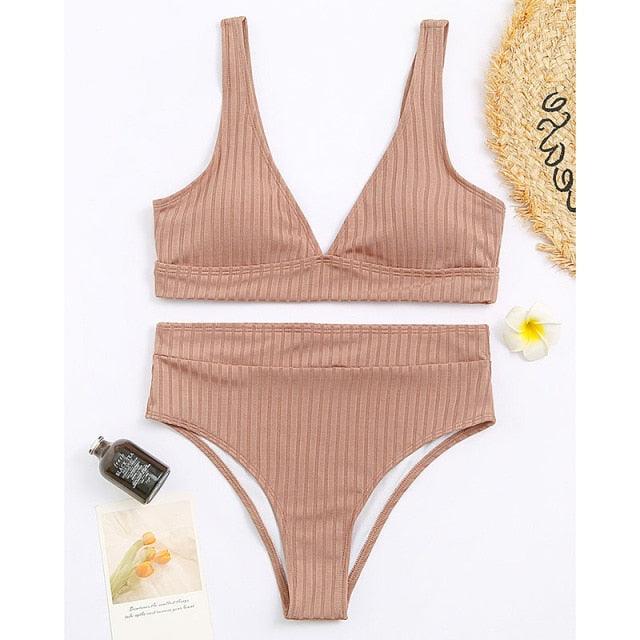 Stylish High Waist Bikini Set for Women - V-Neck Ribbed Swimwear - Korvel