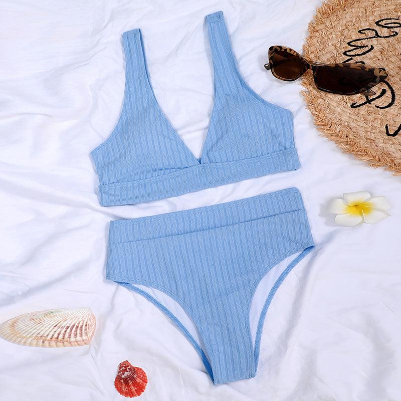 Stylish High Waist Bikini Set for Women - V-Neck Ribbed Swimwear - Korvel