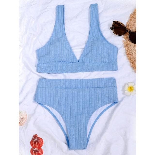 Stylish High Waist Bikini Set for Women - V-Neck Ribbed Swimwear - Korvel