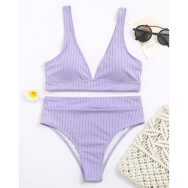 Stylish High Waist Bikini Set for Women - V-Neck Ribbed Swimwear - Korvel