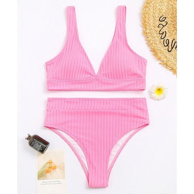 Stylish High Waist Bikini Set for Women - V-Neck Ribbed Swimwear - Korvel