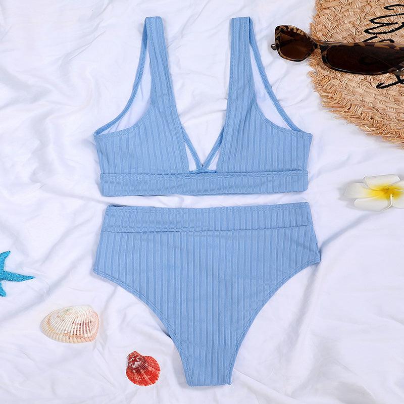 Stylish High Waist Bikini Set for Women - V-Neck Ribbed Swimwear - Korvel