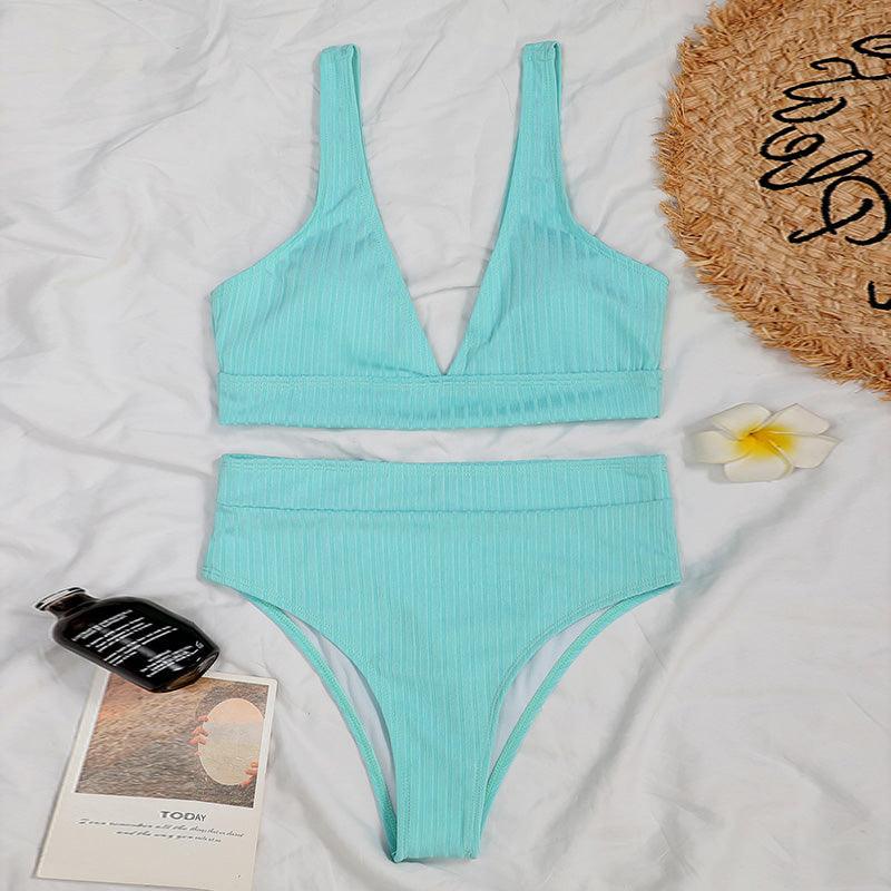 Stylish High Waist Bikini Set for Women - V-Neck Ribbed Swimwear - Korvel