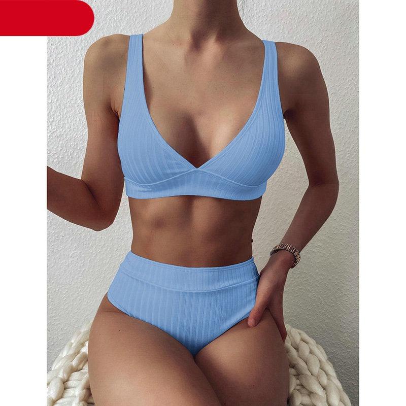 Stylish High Waist Bikini Set for Women - V-Neck Ribbed Swimwear - Korvel
