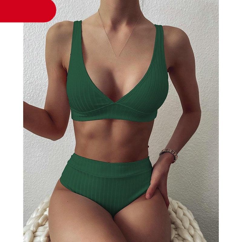 Stylish High Waist Bikini Set for Women - V-Neck Ribbed Swimwear - Korvel