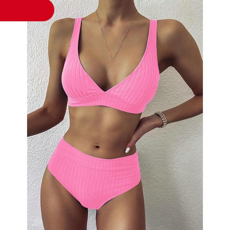 Stylish High Waist Bikini Set for Women - V-Neck Ribbed Swimwear - Korvel
