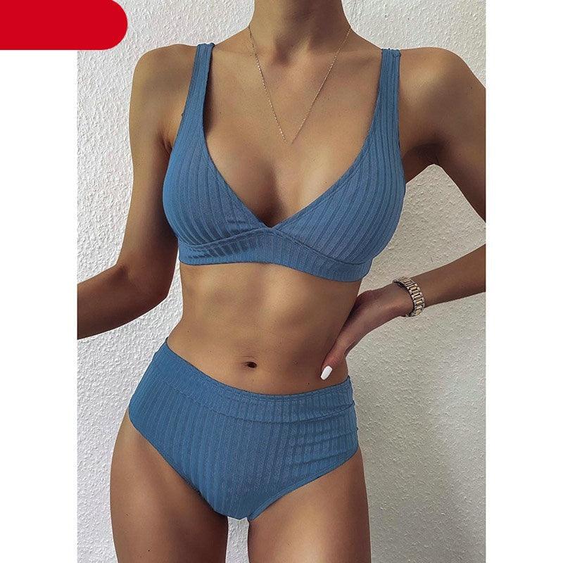 Stylish High Waist Bikini Set for Women - V-Neck Ribbed Swimwear - Korvel
