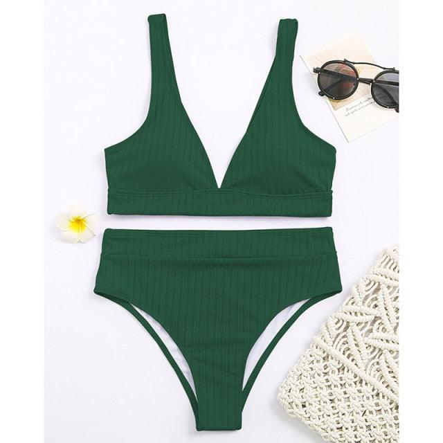 Stylish High Waist Bikini Set for Women - V-Neck Ribbed Swimwear - Korvel