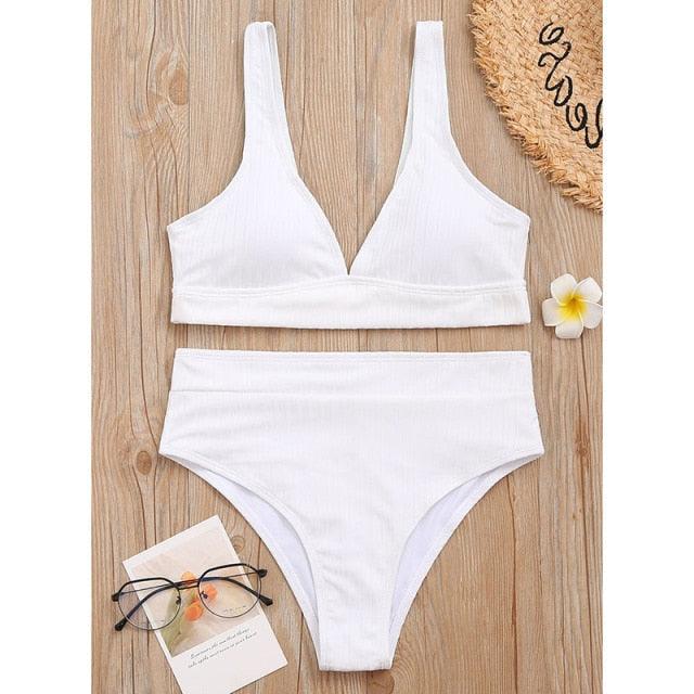 Stylish High Waist Bikini Set for Women - V-Neck Ribbed Swimwear - Korvel