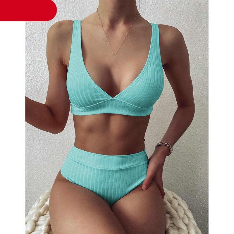 Stylish High Waist Bikini Set for Women - V-Neck Ribbed Swimwear - Korvel